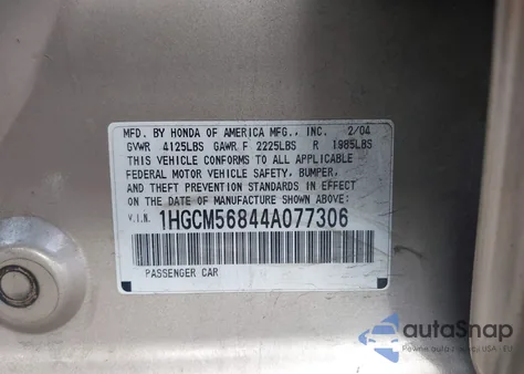 2004 Honda Accord 2.4 Ex z USA, uszkodzony, nr VIN 1HGCM56844A077306